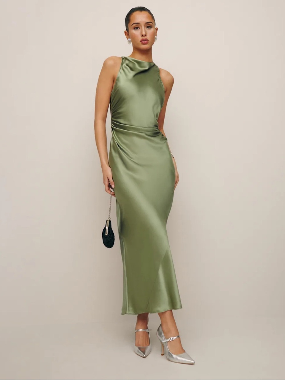 Reformation Casette Silk Dress in Artichoke